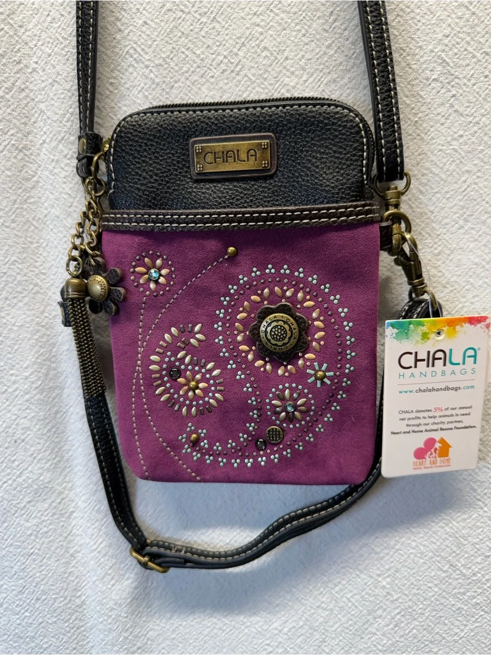 Bohemian Chala Purple Crossbody with Embellished Paisley Accent 2 Straps NWT Mod